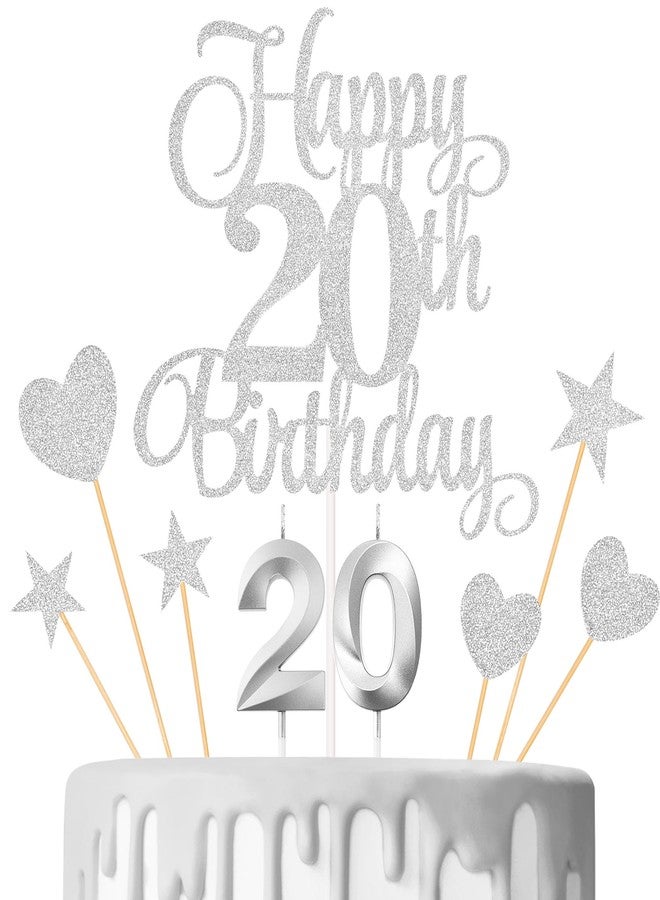 Lecferrarc 20th Birthday Cake Decorations, 20th Birthday Candles Cake Numeral Candles and Glitter Happy 20th Birthday Cake Toppers Set for Birthday Party Supplies (Silver) - Image 1